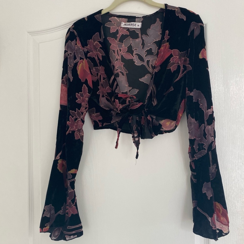 Black Floral Sheer Tie Top Blouse